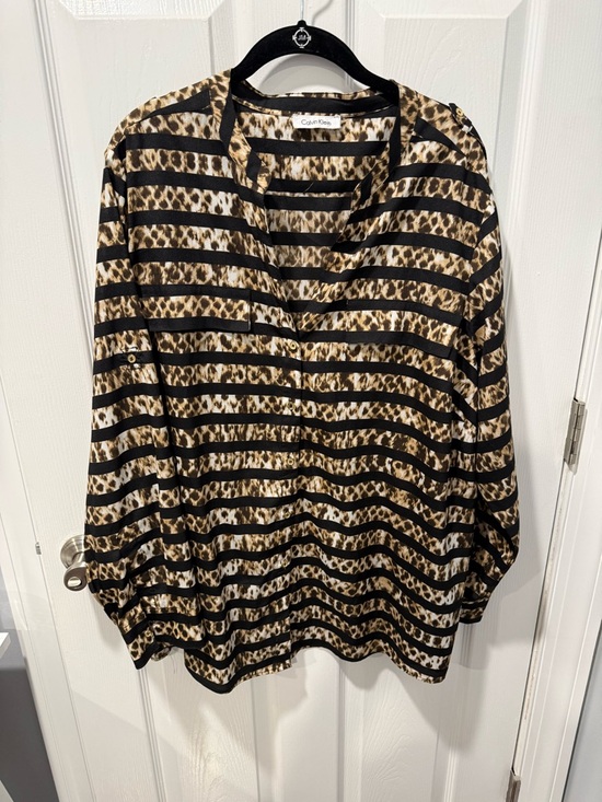 Calvin Klein Tops - Calvin Klein Black and Tan Striped Leopard Print Button-Up Blouse